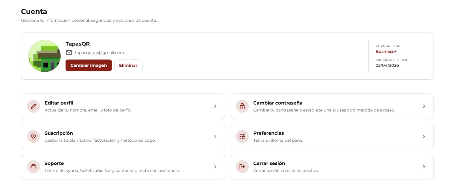 Opzioni account: profilo, sicurezza e preferenze.