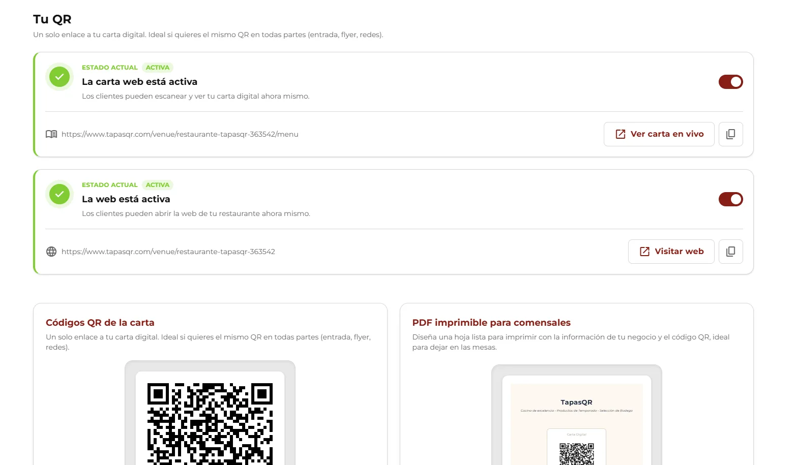 QR maestro y botones de descarga PNG/PDF.