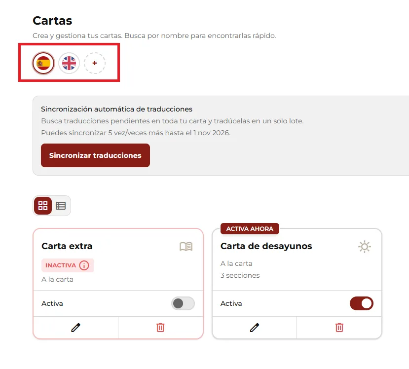 Barra de idioma del contenido en Cartas.