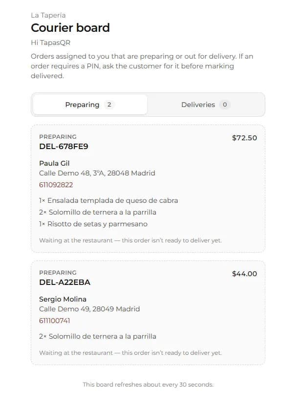 Tablero del repartidor (/courier/…): pedidos en preparación y entregas con PIN.