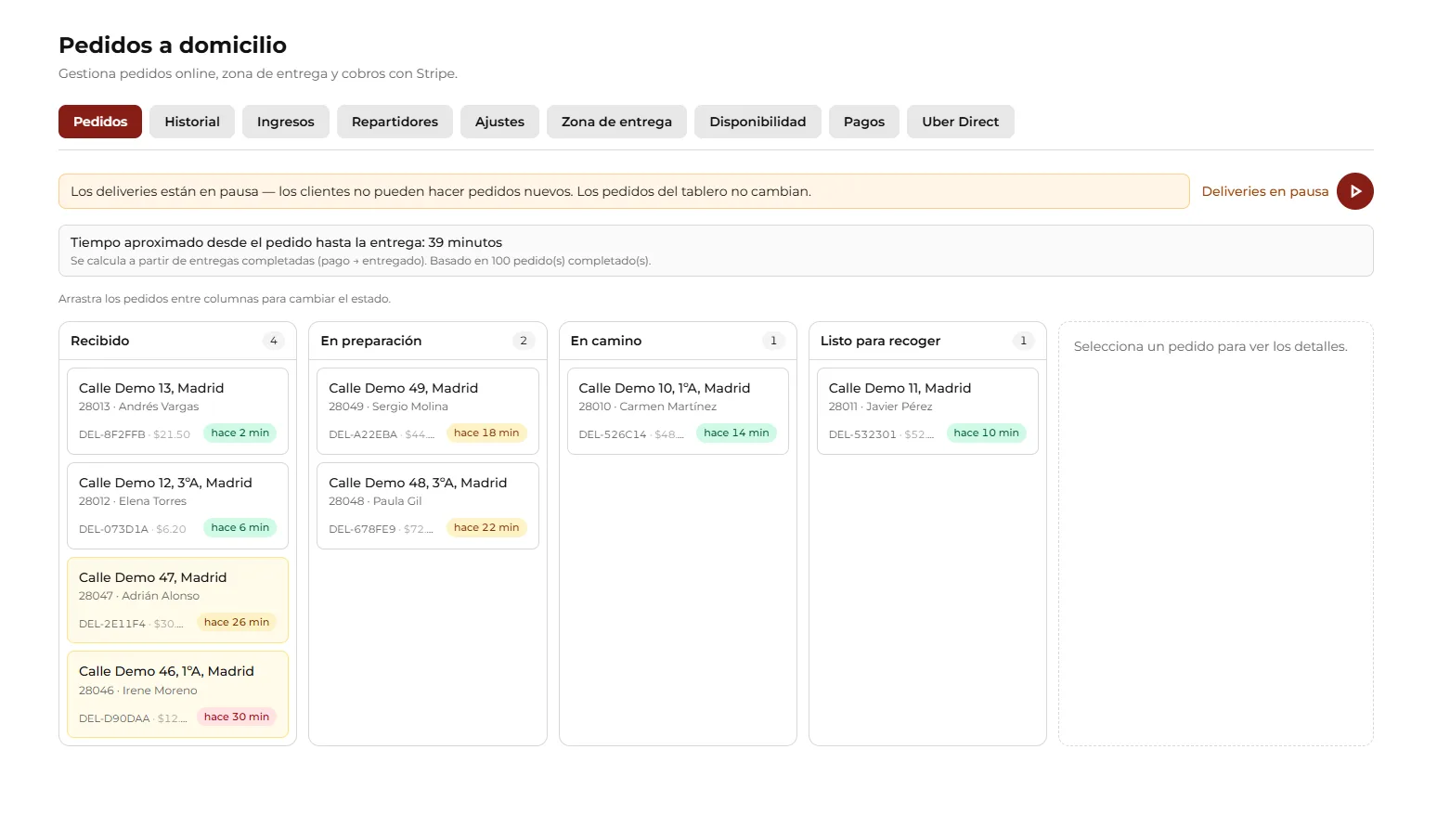 Home delivery panel with the tab row.