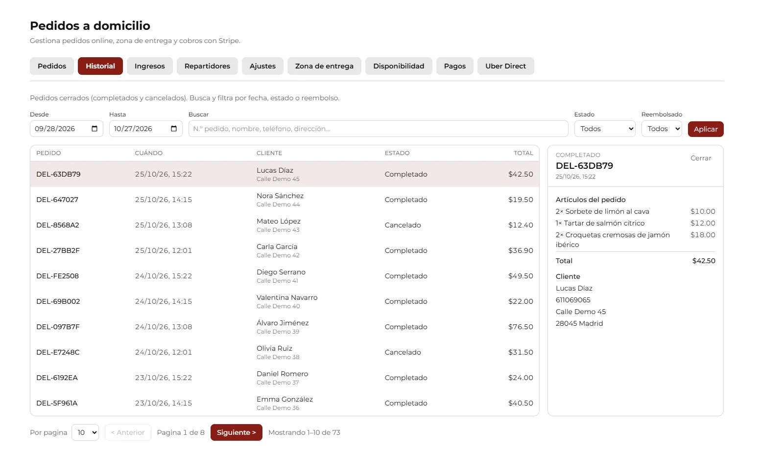 Order history with filters and table.
