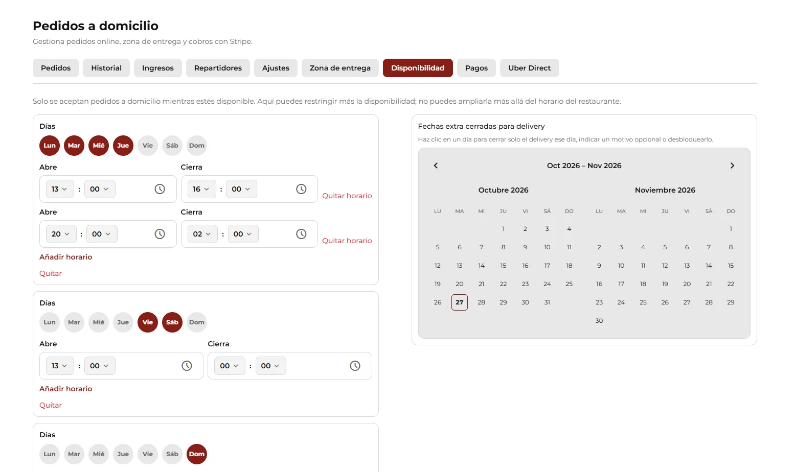 Editor delle fasce di disponibilità del delivery.