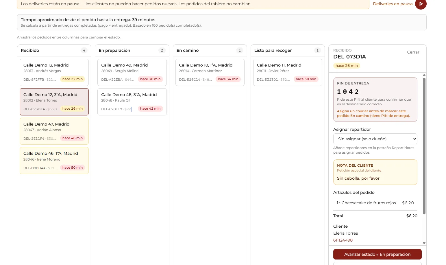 Painel de detalhe de um pedido com PIN e ações de estado.
