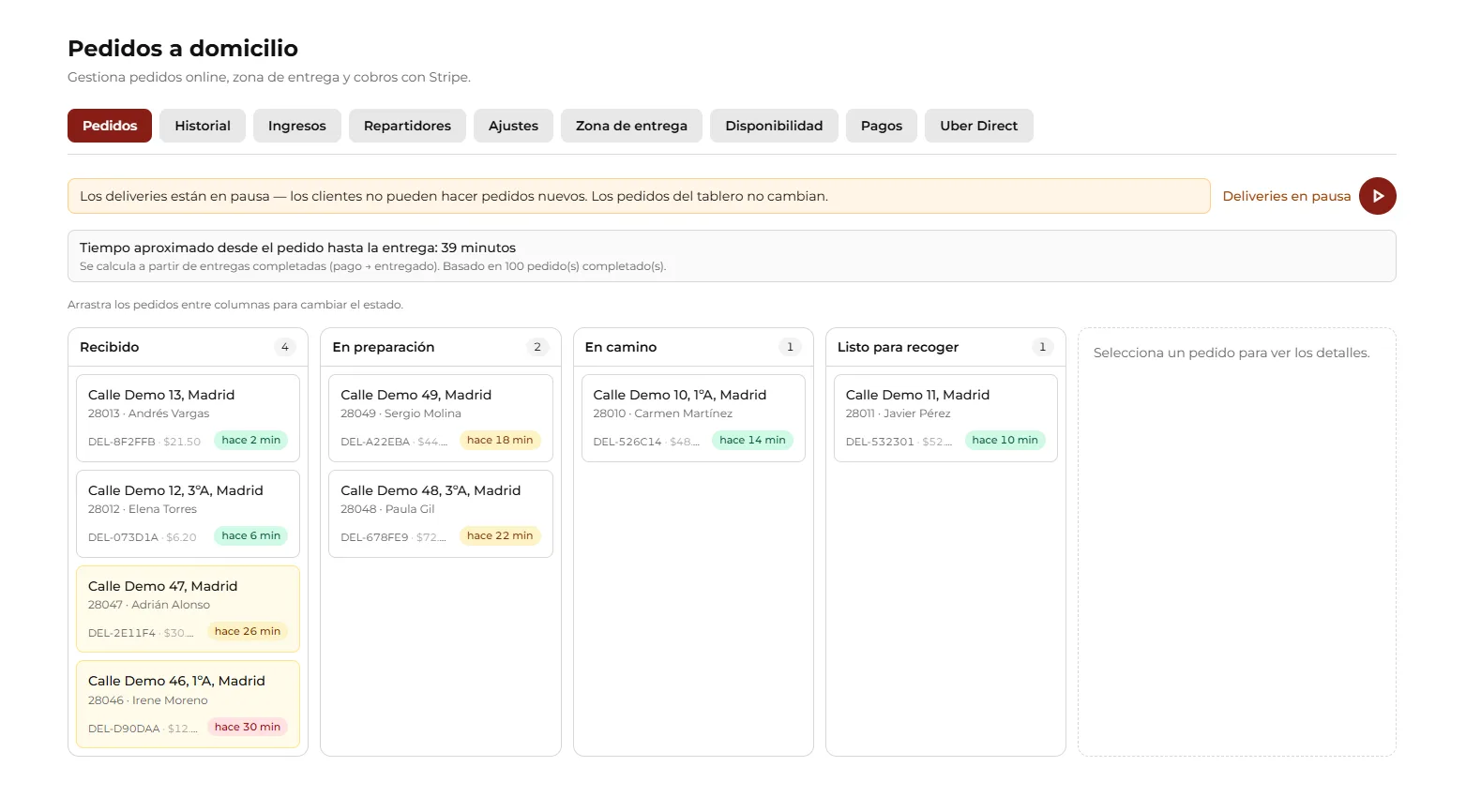 Kanban de pedidos ao domicílio com colunas de estado.