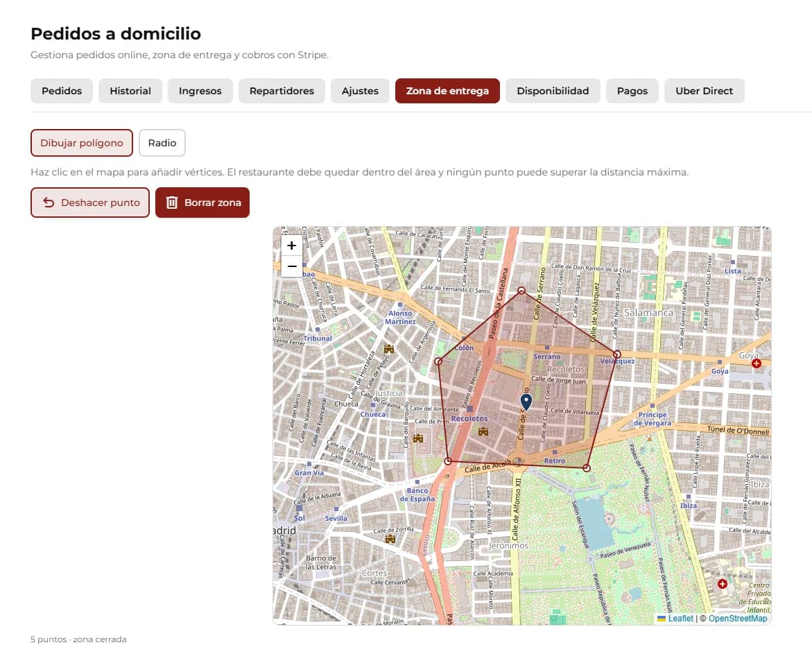 Mappa dell’editor di zona con poligono o raggio.