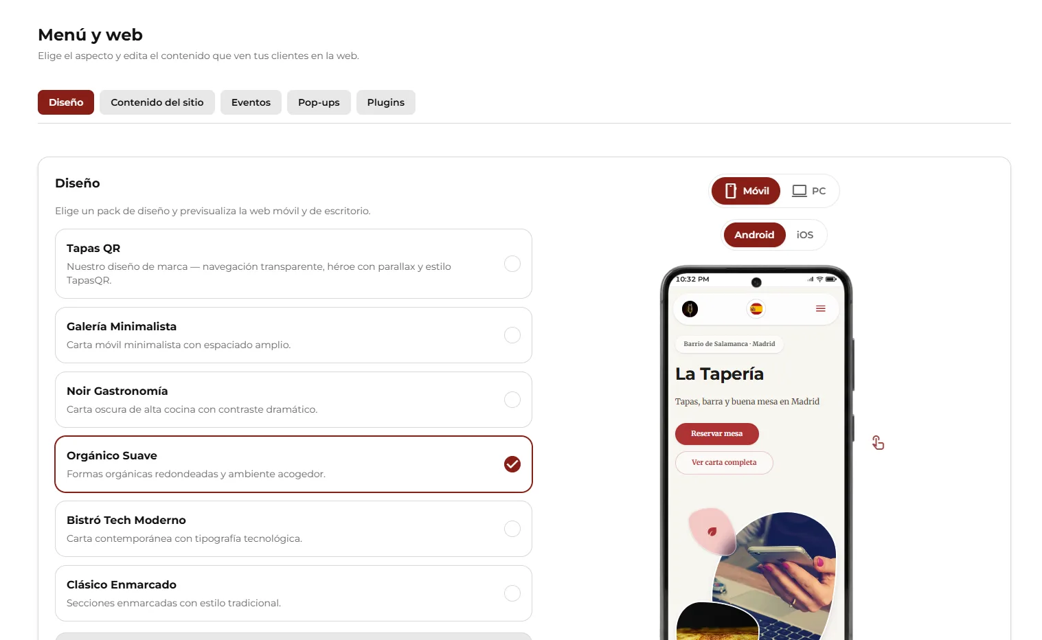 Menu & website hub with the Design, Content, Events, Pop-ups, and Plugins tabs.