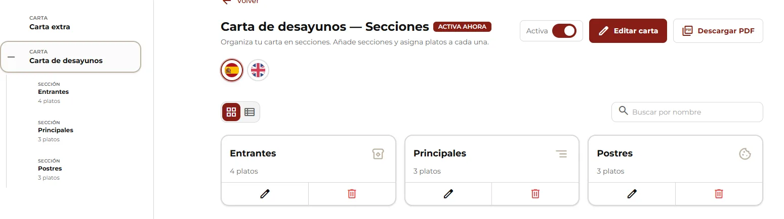 Section list with dish counts.