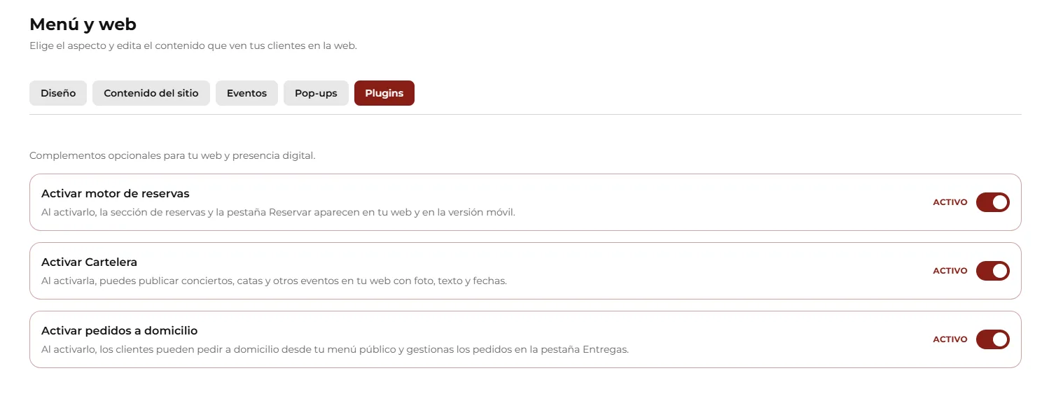 Separador Plugins com os três interruptores.