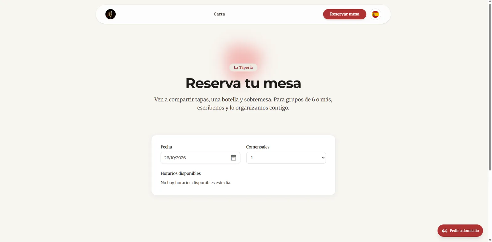 Efeito no site: links de Reservar, Eventos ou Pedir ao domicílio na navegação pública.
