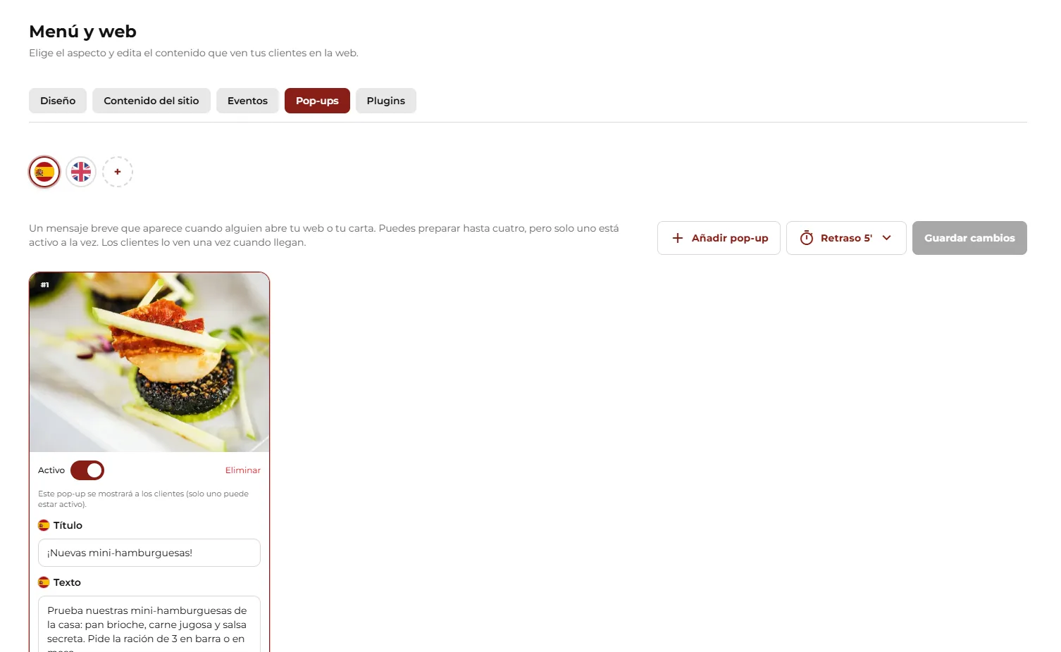Editor de pop-ups com cards e interruptor Ativo.