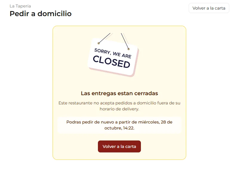 Se è chiuso o in pausa, il cliente vede che le consegne non accettano ordini e la prossima apertura.