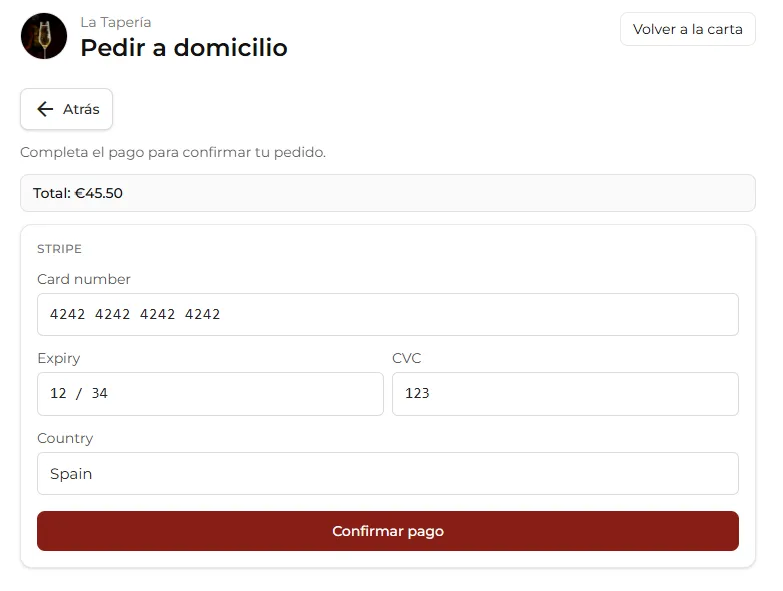 Paso de pago del cliente con Stripe en el checkout de delivery.