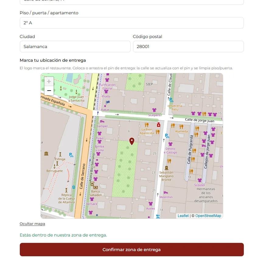 Nell’ordine pubblico il cliente conferma l’indirizzo entro la zona (mappa / validazione).