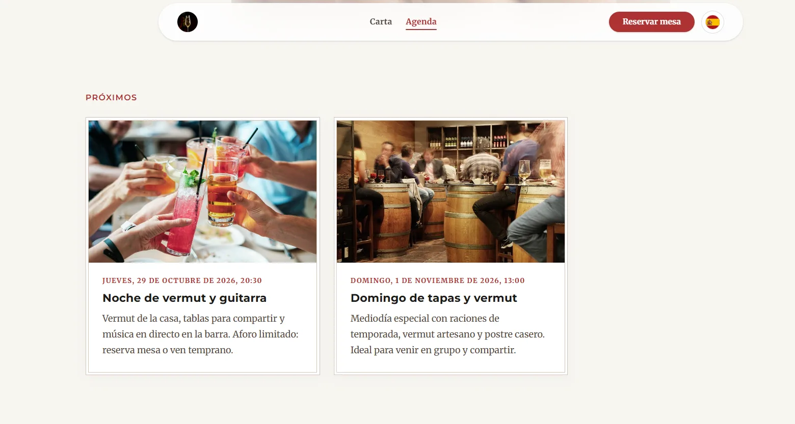 Pagina pubblica della bacheca con eventi pubblicati (effetto per il cliente).