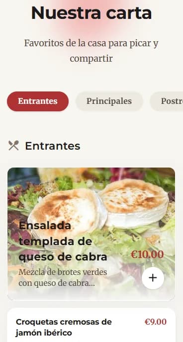Ementa digital no telemóvel com categorias e pratos.