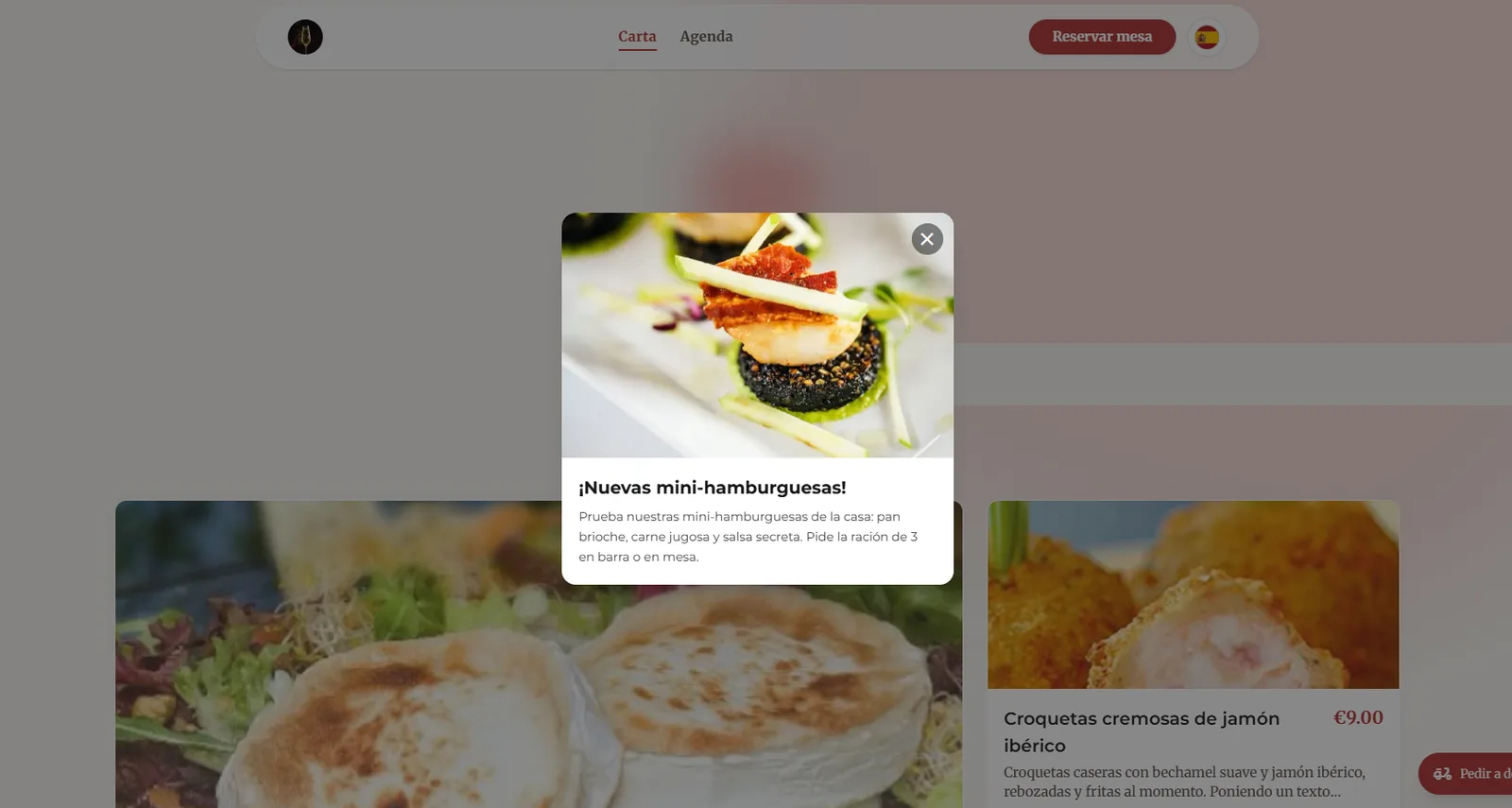 Exemplo de aviso emergente sobreposto ao site ou à ementa do cliente.