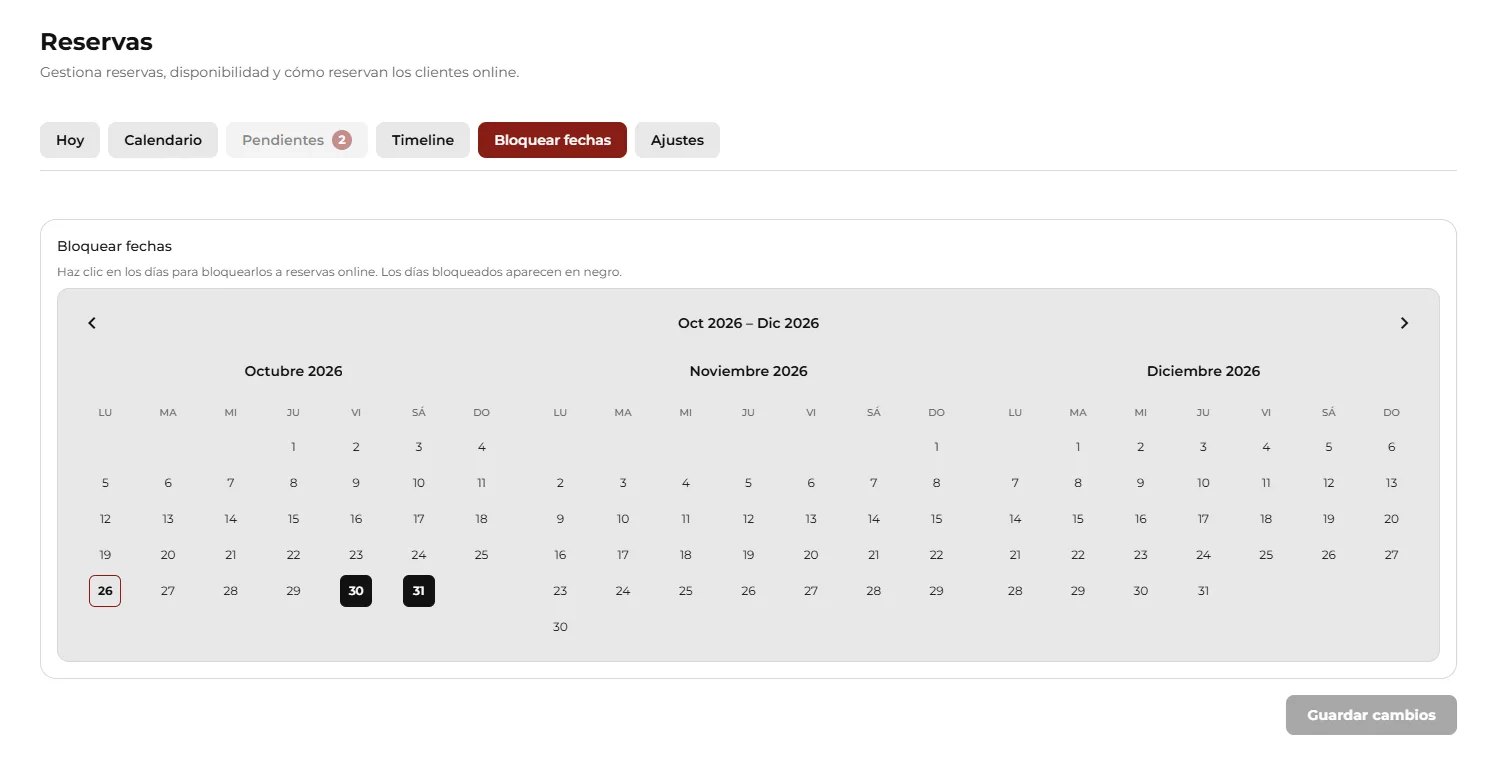 Calendario delle date bloccate per le prenotazioni.