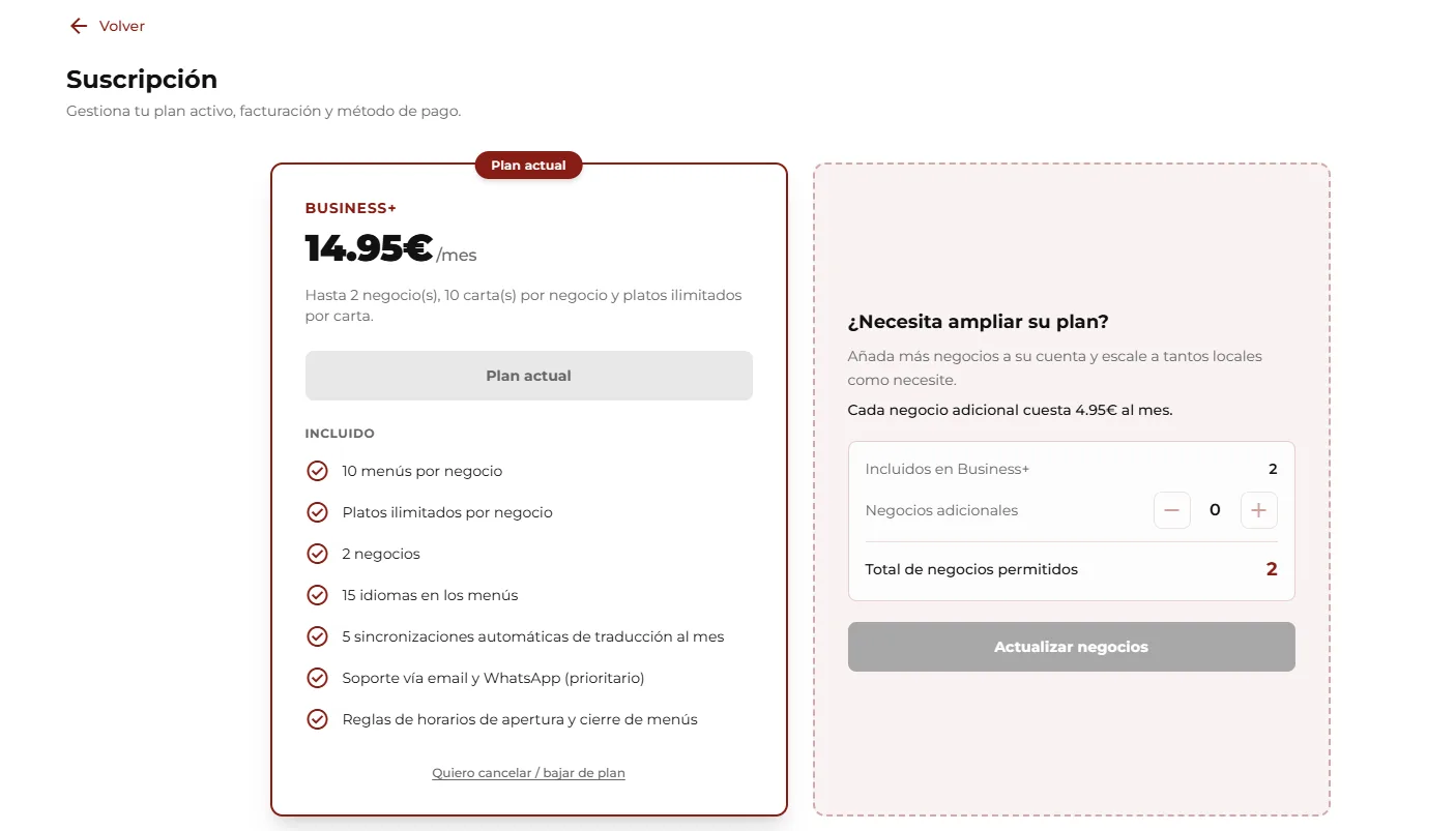 Página de suscripción con plan y acciones.